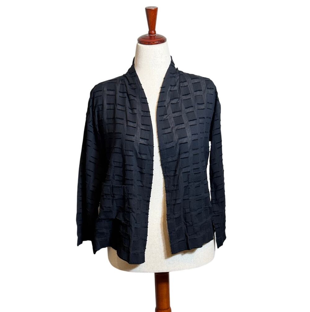 Eileen Fisher jacket black organic cotton Shadow Square semi sheer pockets Sz SP
